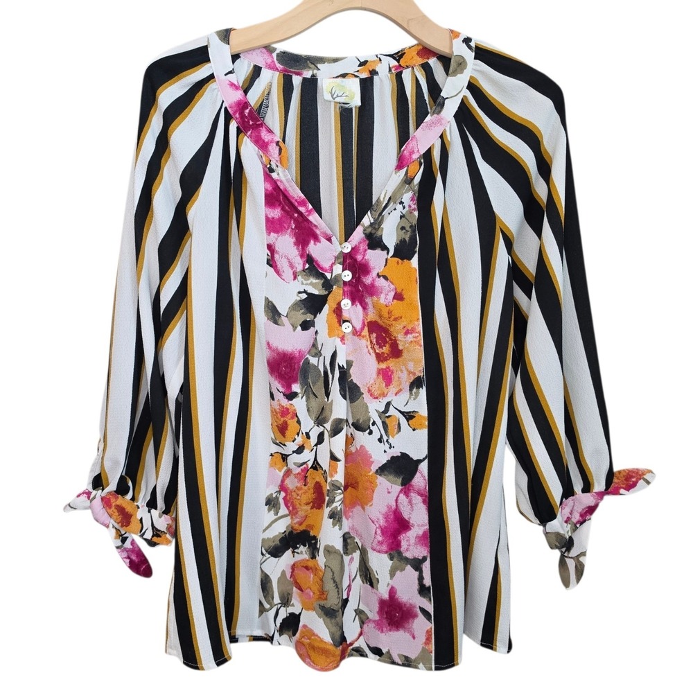 Fig & Flower Blouse Large Striped Floral Boho Split V Neck Tie 3/4 Sleeve Top